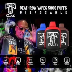 A box of five Death Row 5000 disposable vapes with a bold and striking design, showcasing the logo and branding