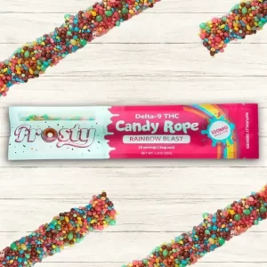 A box of Frosty Candy Rope Delta 9 gummies, featuring colorful packaging and a "20pk" label