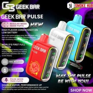 A set of five Geek Bar Pulse disposable vapes in assorted colors, displayed in a box with branding