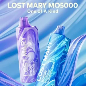 A box of five Lost Mary MO5000 disposable vapes in various colors and designs